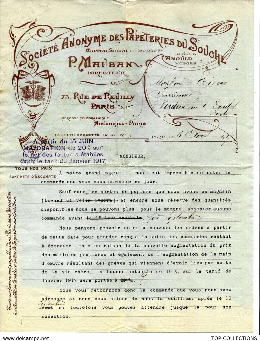 1917 ENTETE ART NOUVEAU  Sté Des Papeteries Du Souche Usine Anould Vosges Pour Verdun Sur Le Doubs V.HISTORIQUE - 1900 – 1949
