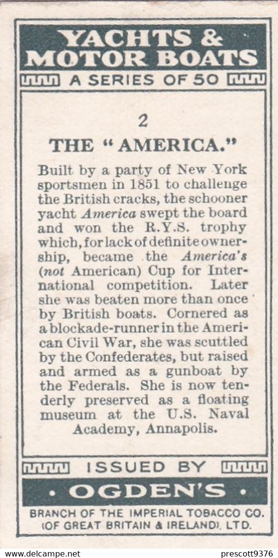 Yachts & Motor Boats 1931 - 2 The America - Ogdens  Cigarette Card - Original  - Ships - Sealife - Ogden's