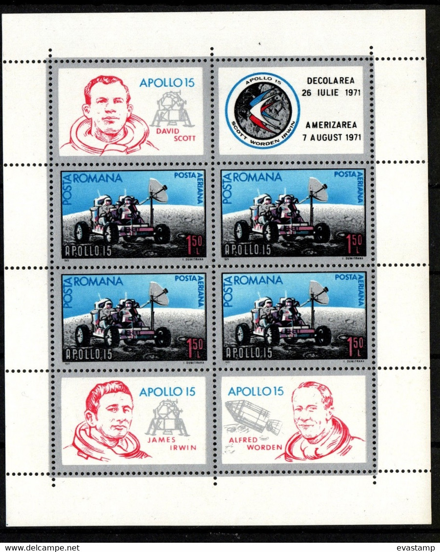 ROMANIA-1971. Minisheet - US Apollo 15 - Moon Mission MNH!! Mi:Bl.88. - Unused Stamps