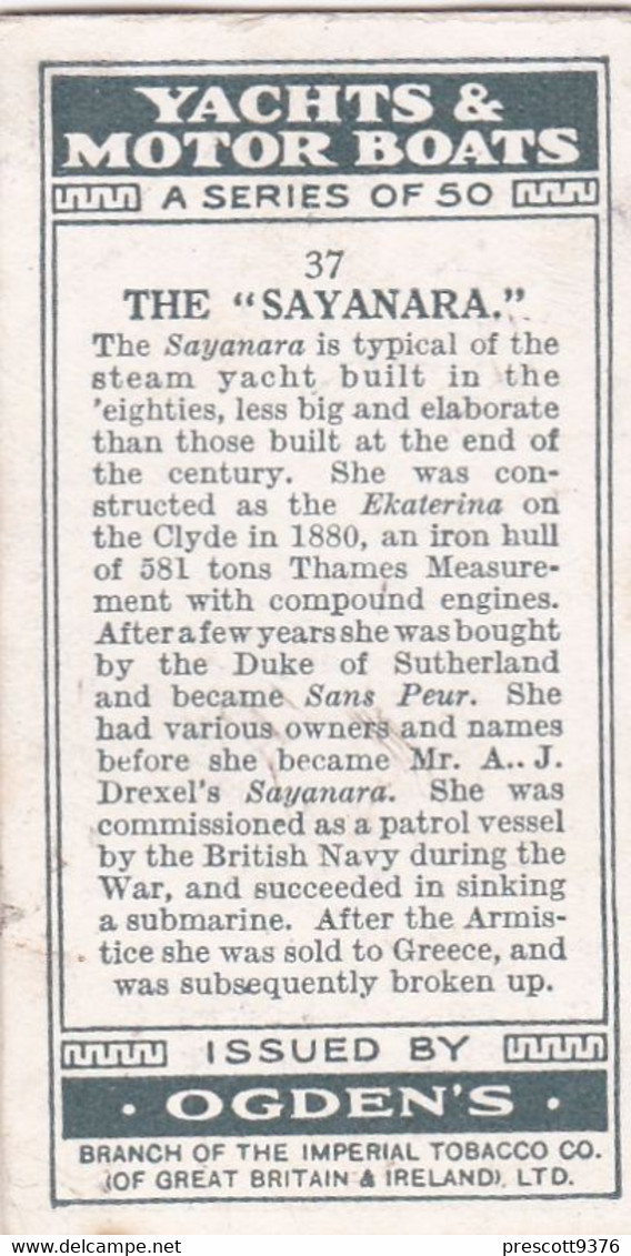 Yachts & Motor Boats 1931 - 37 The Sayanara  - Ogdens  Cigarette Card - Original  - Ships - Sealife - Ogden's