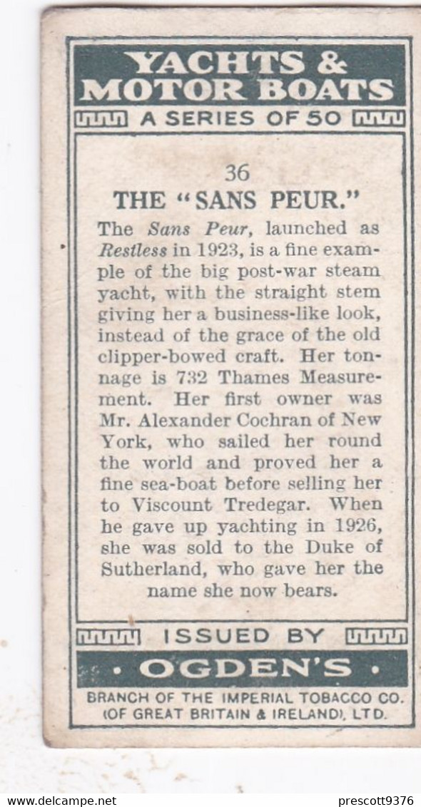 Yachts & Motor Boats 1931 - 36 The Sans Peur - Ogdens  Cigarette Card - Original  - Ships - Sealife - Ogden's