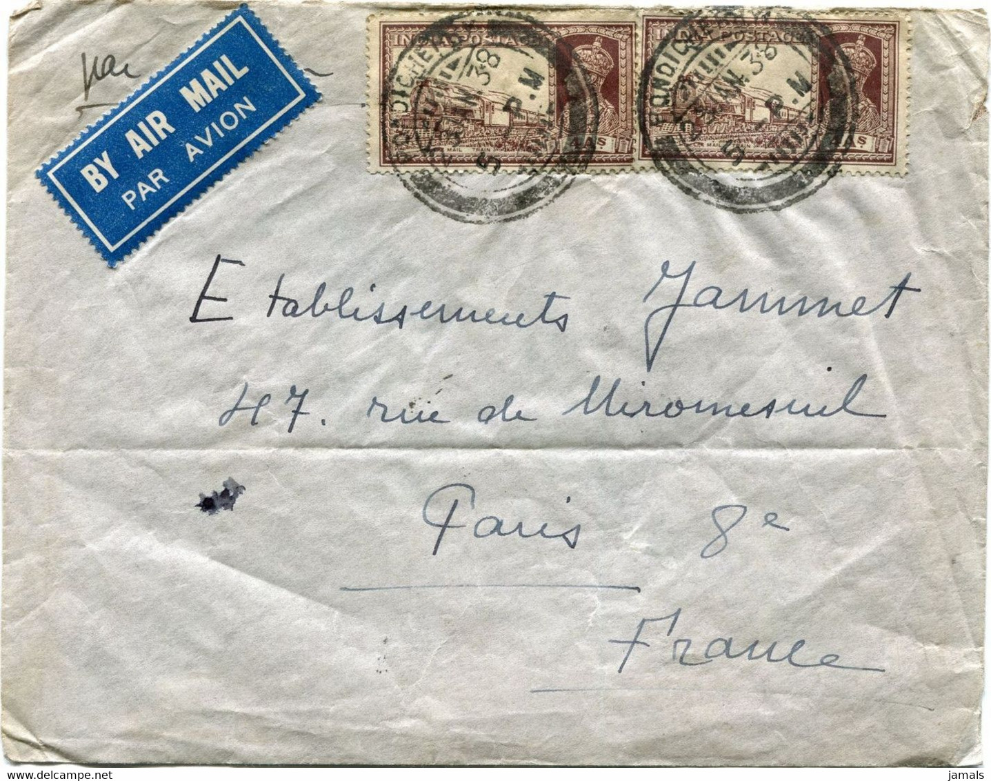 French India Cover Pondichery To France - Lettres & Documents