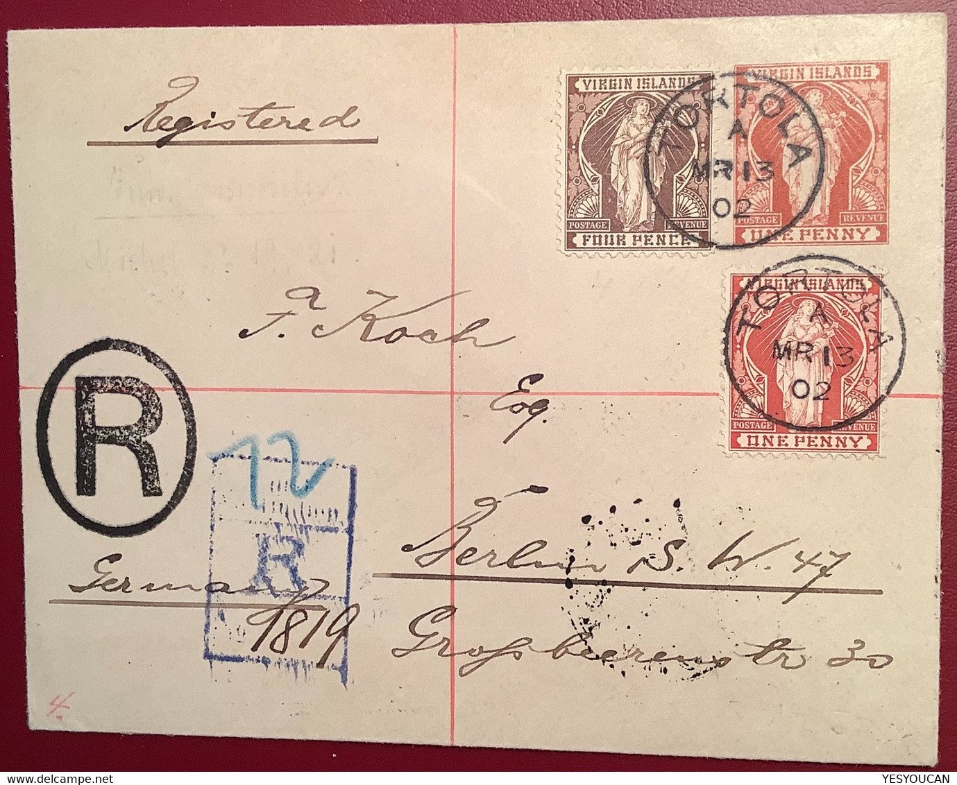 Virgin Islands TORTOLA1902 Postal Stationery REGISTERED Via DWI ST THOMAS>Berlin (cover Iles Vièrges BWI Denmark Mary - Iles Vièrges Britanniques