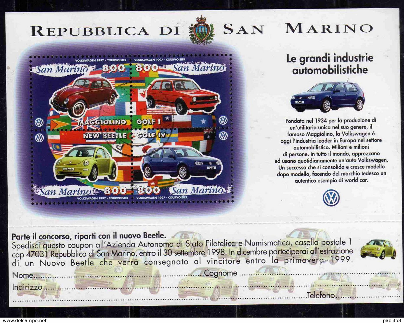 REPUBBLICA DI SAN MARINO 1997 LE GRANDI INDUSTRIE AUTOMOBILISTICHE VOLKSWAGEN BLOCCO FOGLIETTO BLOCK SHEET USATO USED - Usati