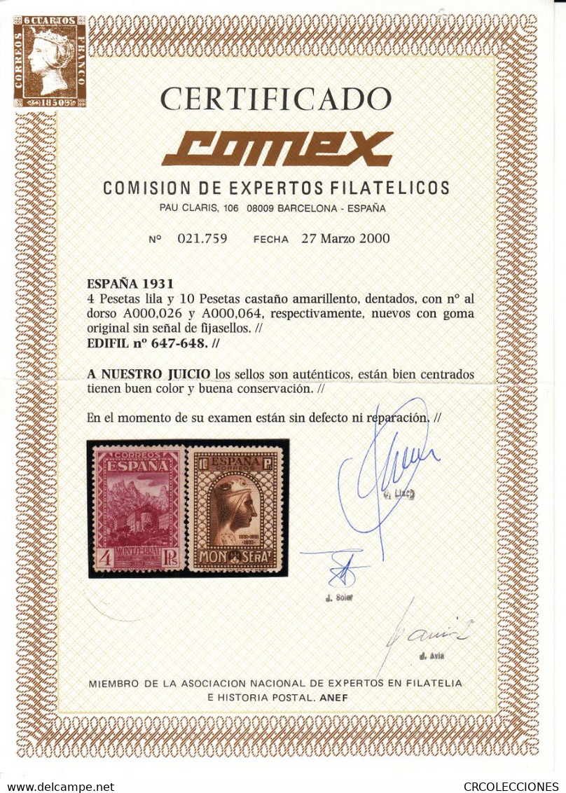 CRS578 SELLOS ESPAÑA Nº CAT  636-49 XX CERTIFICADO COMEX PARA LOS VALORES CLAVE Nº 647 Y 648 SIN CHARNELA - Other & Unclassified