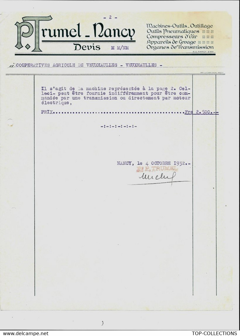 1932 ENTETE P. TRUMEL Nancy MACHINES OUTILS INDUSTRIE MECANIQUE =>Coopérative Agricole De Veuxhaulles B.E.V.HISTORIQUE - 1900 – 1949