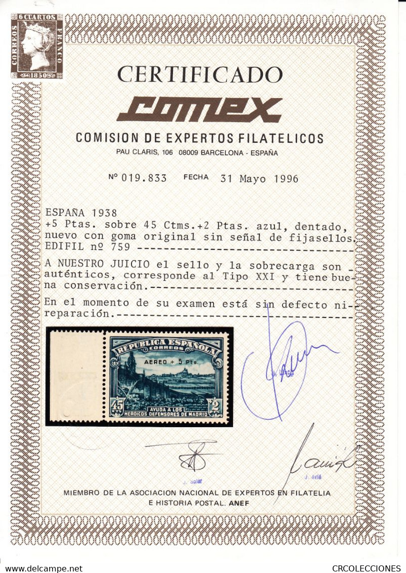 CRS583 SELLO ESPAÑA Nº CAT 759 XX BORDE DE PLIEGO CERTIFICADOS COMEX SIN CHARNELA - Other & Unclassified