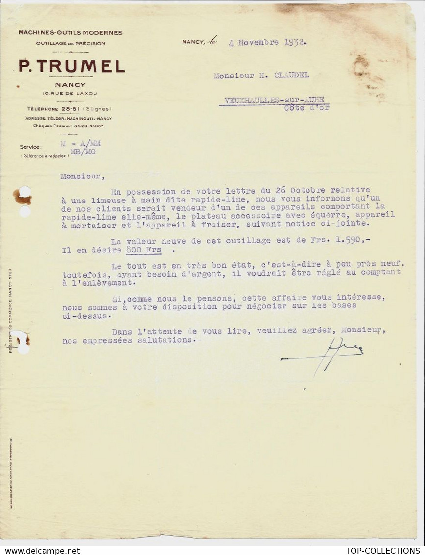 1932 ENTETE P. TRUMEL Nancy MACHINES OUTILS INDUSTRIE MECANIQUE =>Coopérative Agricole De Veuxhaulles B.E.V.HISTORIQUE - 1900 – 1949
