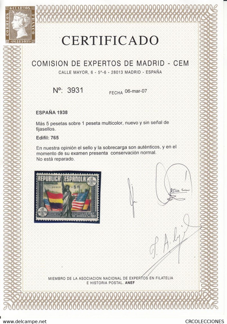 CRS591 SELLO ESPAÑA Nº CAT 765 XX CERTIFICADO CEM SIN CHARNELA - Autres & Non Classés