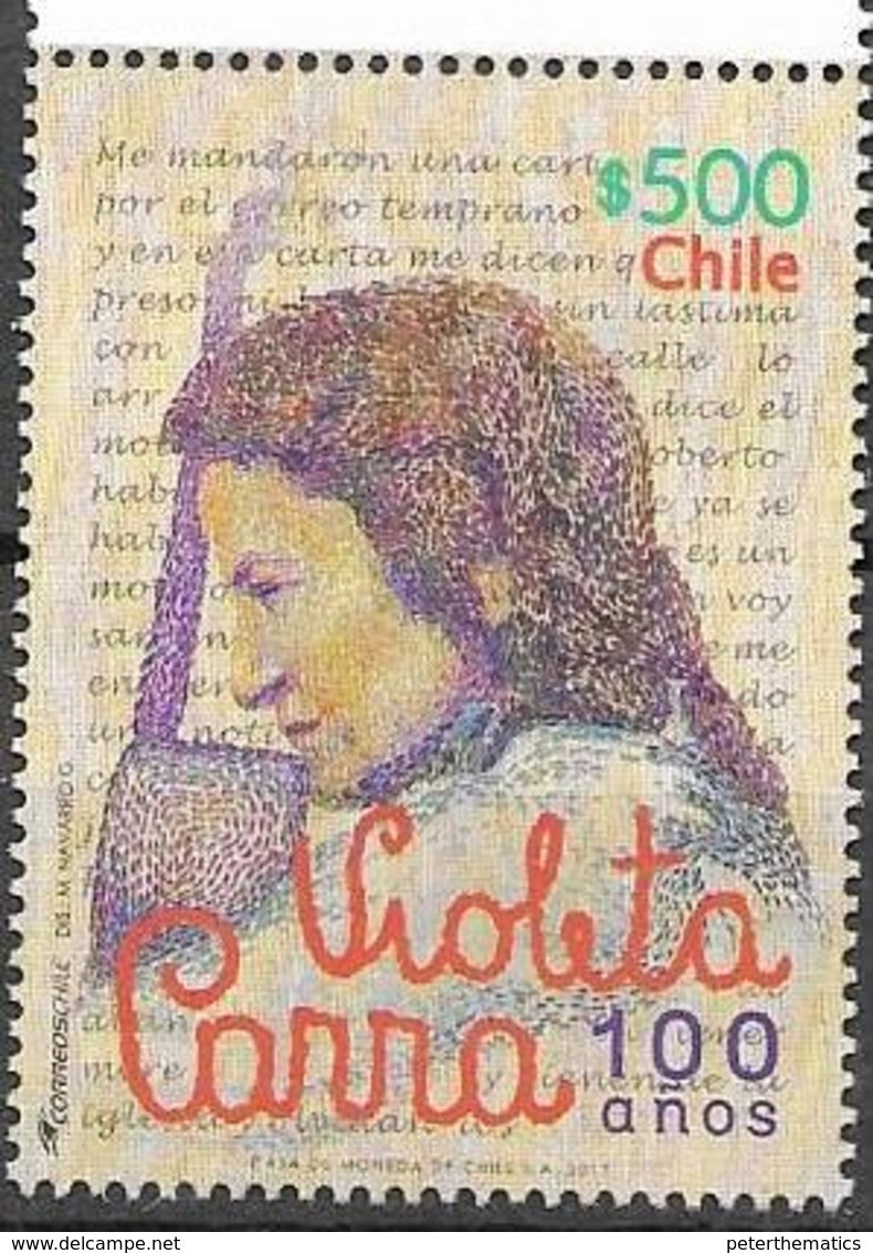 CHILE, 2019, MNH, MUSIC, VIOLETTA PARRA, COMPOSERS, SONG WRITERS, FOLKLORISTS,1v - Muziek