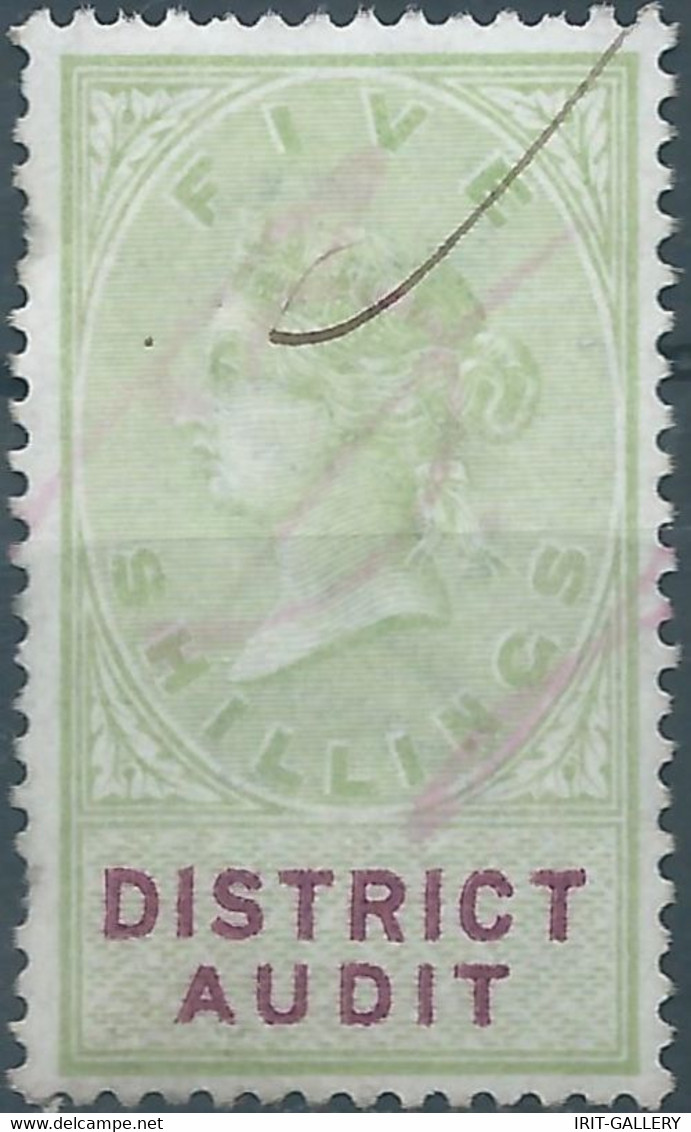 Great Britain-ENGLAND,Queen Victoria,1870-1800 Revenue Stamp Tax Fisca,DISTRICT AUDIT, 5 Shillings,Used - Fiscale Zegels