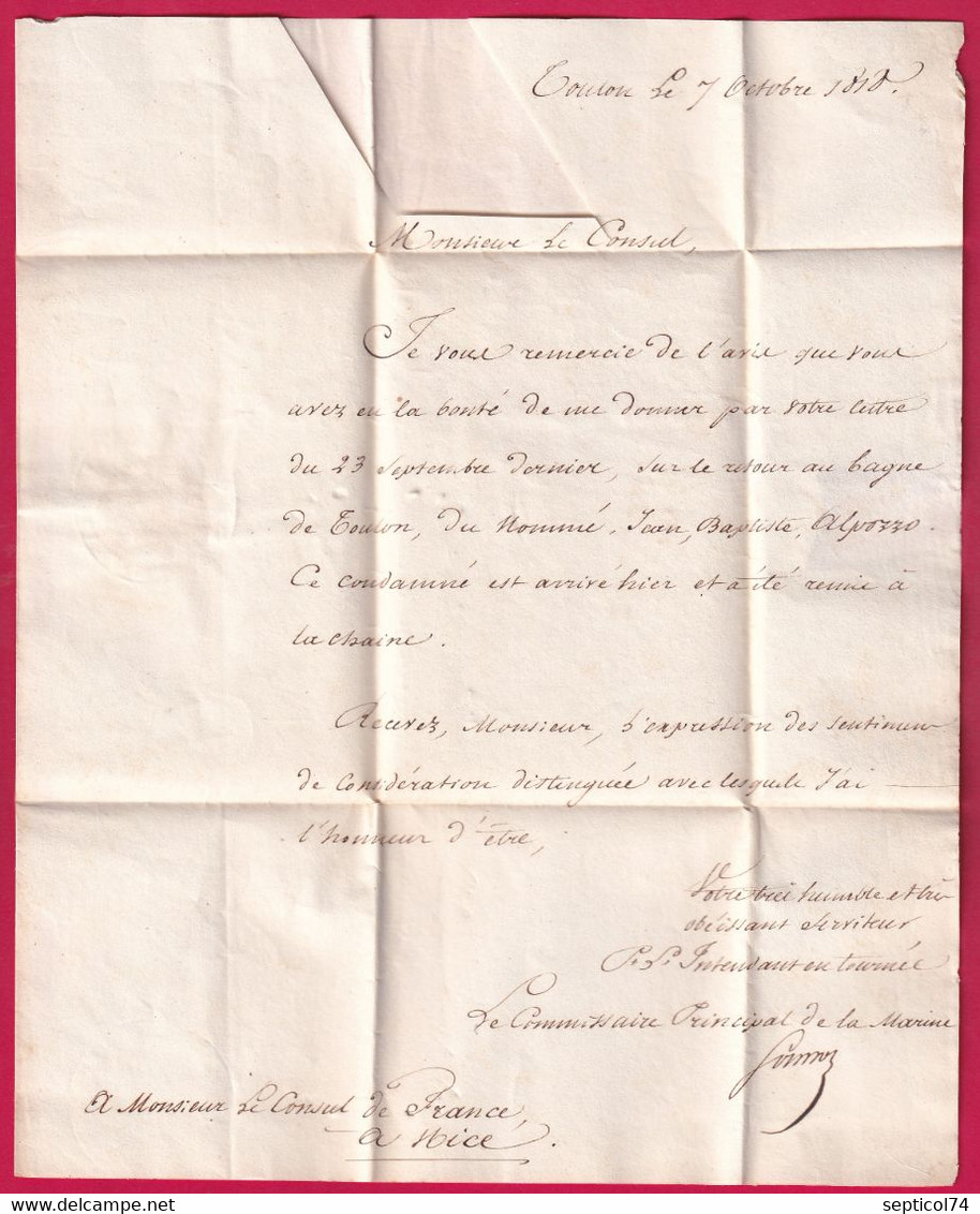 FRANCHISE L'INTENDANT DE LA MARINE A TOULON VAR + P78P TOULON 1818 POUR NICE AU DOS DETAIL TAXE SARDE + FRANCE LETTRE - 1801-1848: Vorläufer XIX