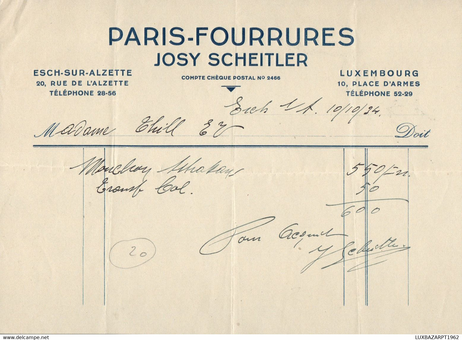 Facture Paris-Fourrures Josy Scheiter // Esch-Sur-Alzette 1934 - Luxembourg