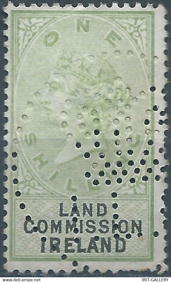 Great Britain-ENGLAND,Queen Victoria,1870-1900 Revenue Stamp Tax Fisca,LAND COMMISSION IRELAND,1 Shilling,PERFIN,Used - Fiscali