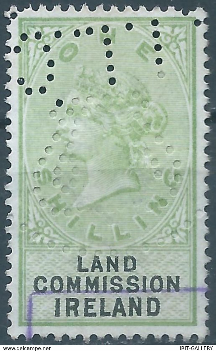 Great Britain-ENGLAND,Queen Victoria,1870-1900 Revenue Stamp Tax Fisca,LAND COMMISSION IRELAND,1 Shilling,PERFIN,Used - Fiscali