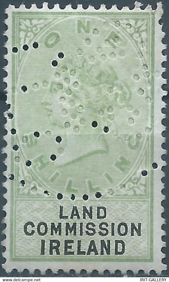 Great Britain-ENGLAND,Queen Victoria,1870-1900 Revenue Stamp Tax Fisca,LAND COMMISSION IRELAND,1 Shilling,PERFIN,Used - Fiscaux