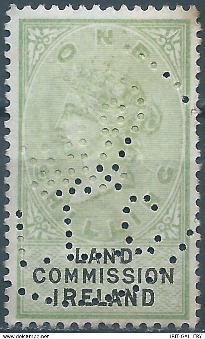 Great Britain-ENGLAND,Queen Victoria,1870-1900 Revenue Stamp Tax Fisca,LAND COMMISSION IRELAND,1 Shilling,PERFIN,Used - Fiscali