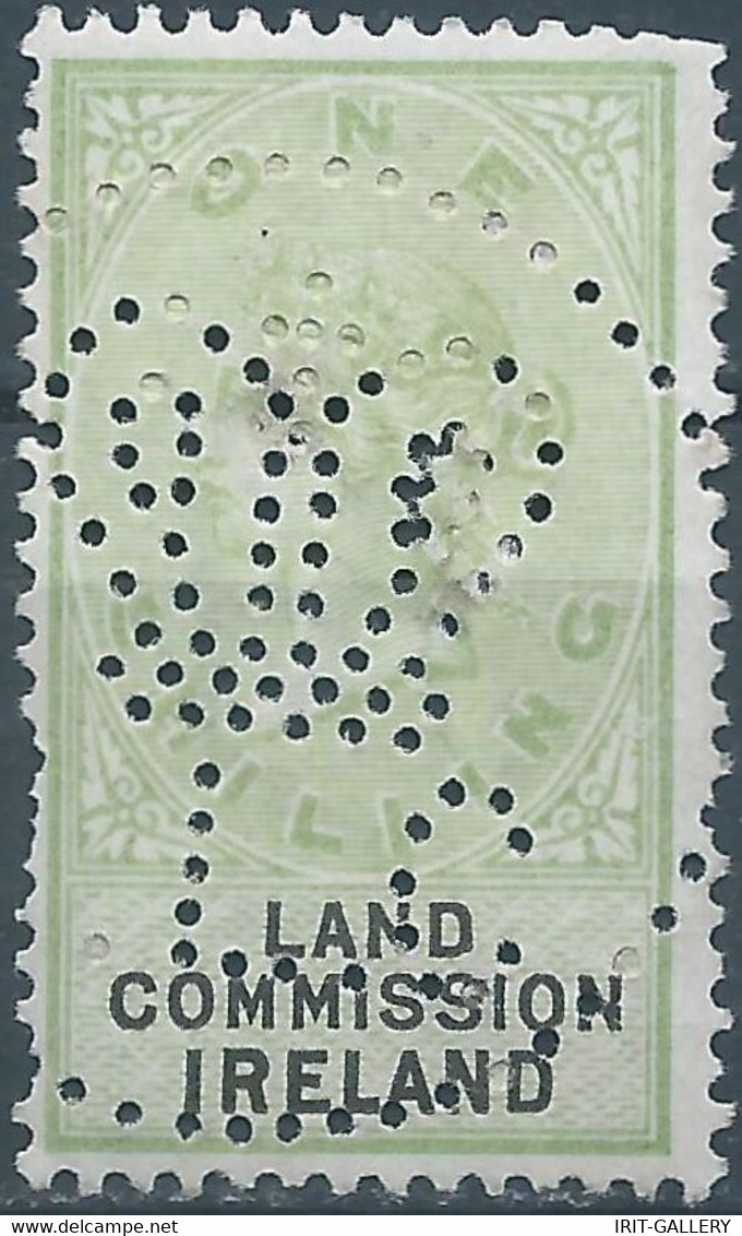 Great Britain-ENGLAND,Queen Victoria,1870-1900 Revenue Stamp Tax Fisca,LAND COMMISSION IRELAND,1 Shilling,PERFIN,Used - Revenue Stamps