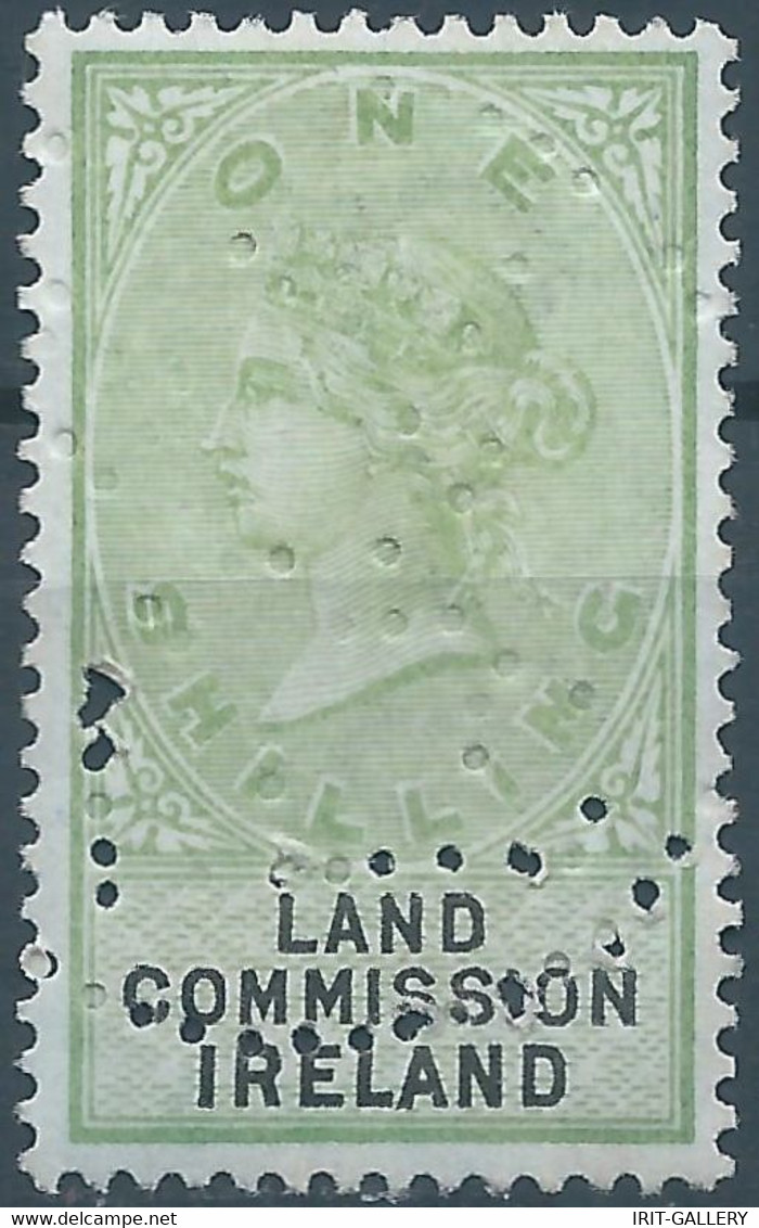 Great Britain-ENGLAND,Queen Victoria,1870-1900 Revenue Stamp Tax Fisca,LAND COMMISSION IRELAND,1 Shilling,PERFIN,Used - Fiscale Zegels