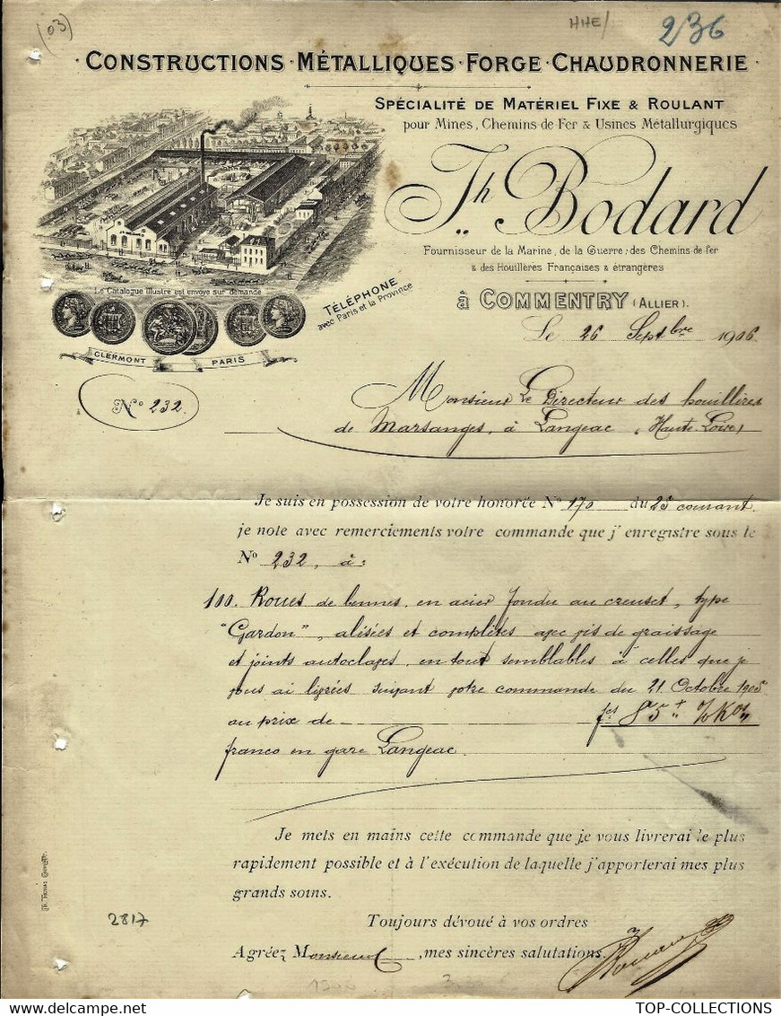 1906 SUPERBE ENTETE CONSTRUCTIONS METALLIQUES FORGE CHAUDRONNERIE Jh Bodard Commentry Allier Pour Houillères De Marsange - 1900 – 1949