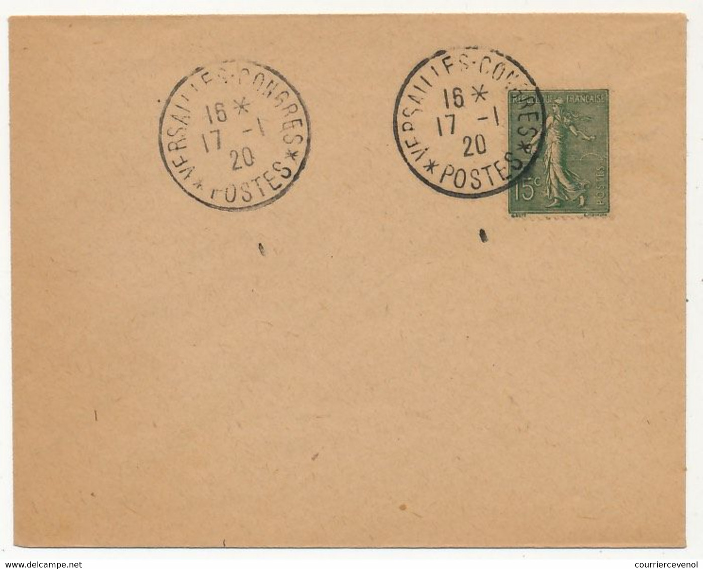 FRANCE - Enveloppe Non Adressée Affr 15c Semeuse, Obl "Versailles Congrès *Postes*" 17/1/1920 - Commemorative Postmarks