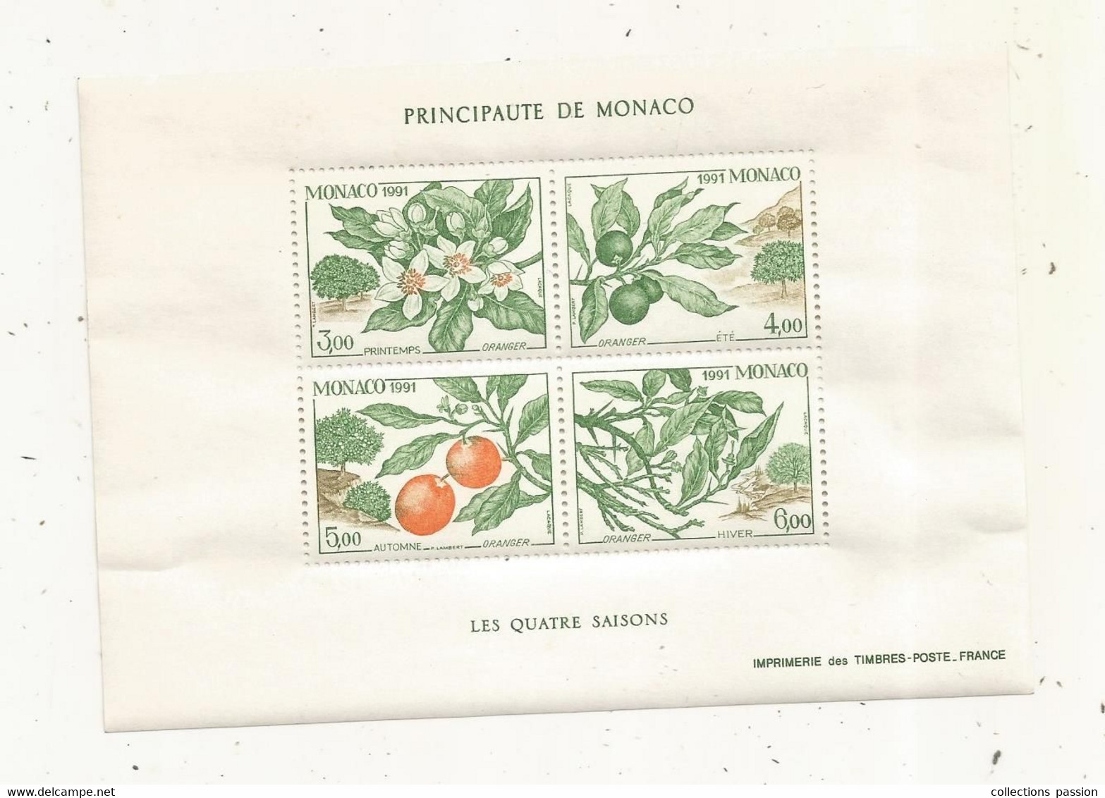 Timbre, Bloc De 4 Timbres, PRINCIPAUTE DE MONACO,  Les Quatre Saisons,  Oranger - Blocks & Sheetlets