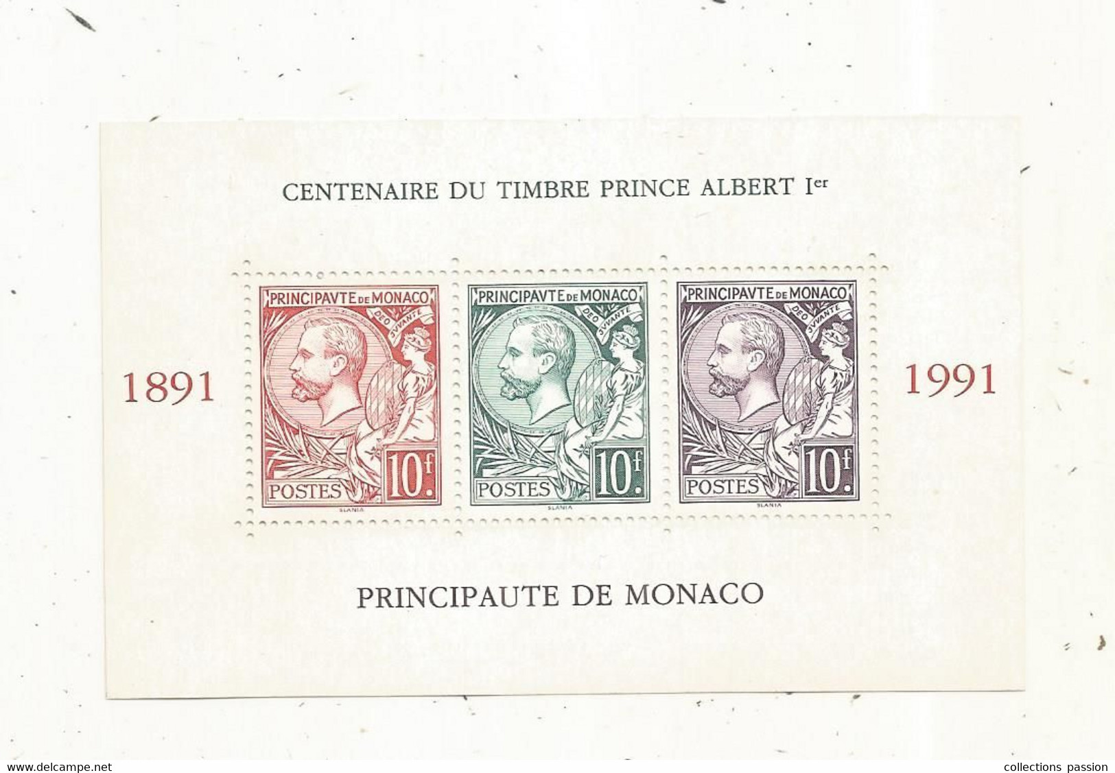 Timbre, Bloc De 3 Timbres, PRINCIPAUTE DE MONACO,  Centenaire Du Timbre PRINCE ALBERT 1 Er, 1891-1991 - Blocks & Sheetlets