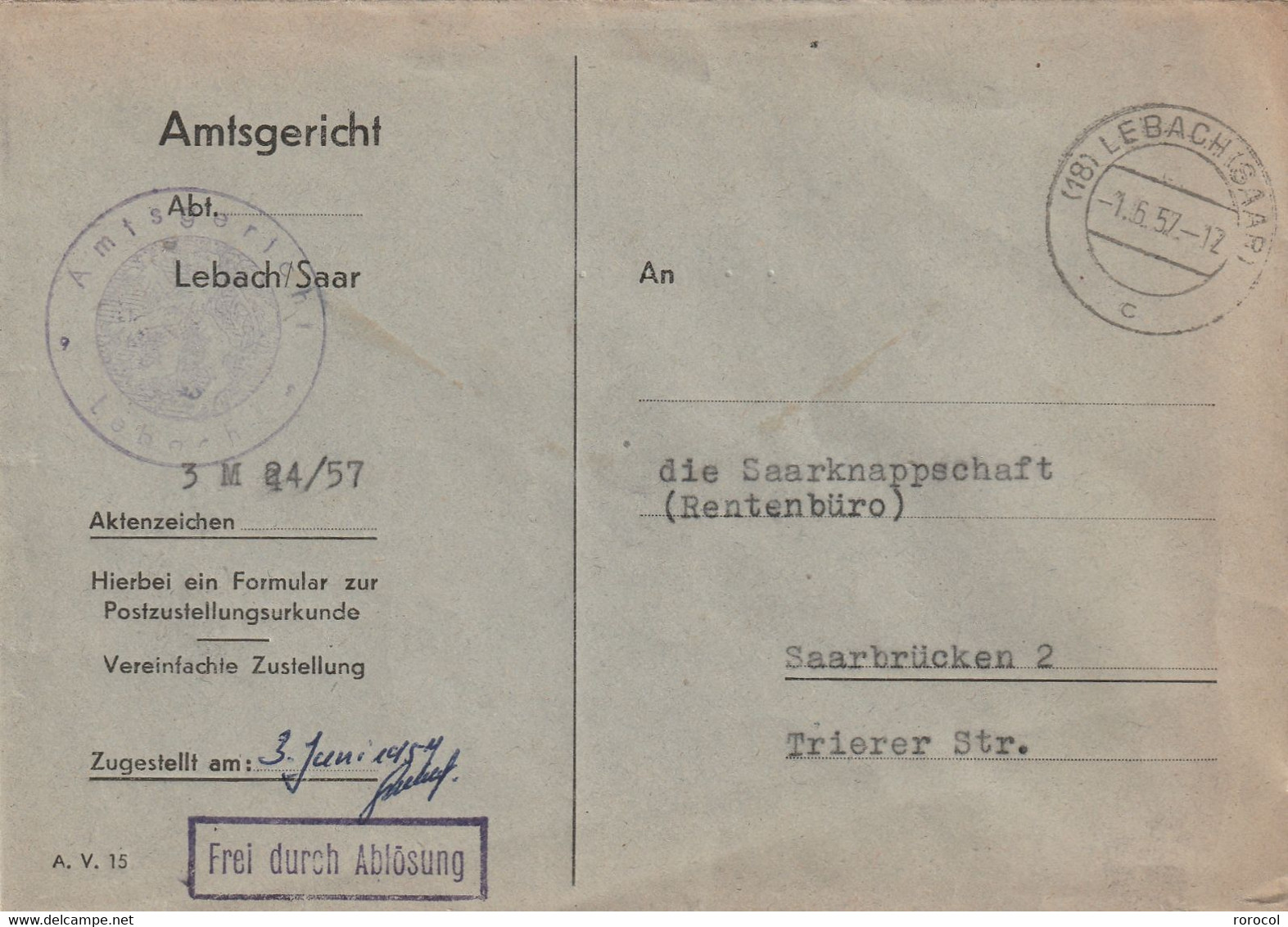 SARRE BRIEF Frei Durch Ablösung 1957 LEBACH Amtsgericht - Briefe U. Dokumente