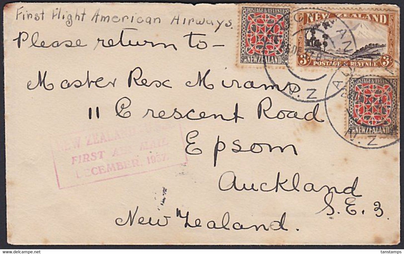 NEW ZEALAND 1937 FIRST AMERICAN FLIGHT COVER 3s & 9d X2 FRANKING - Lettres & Documents