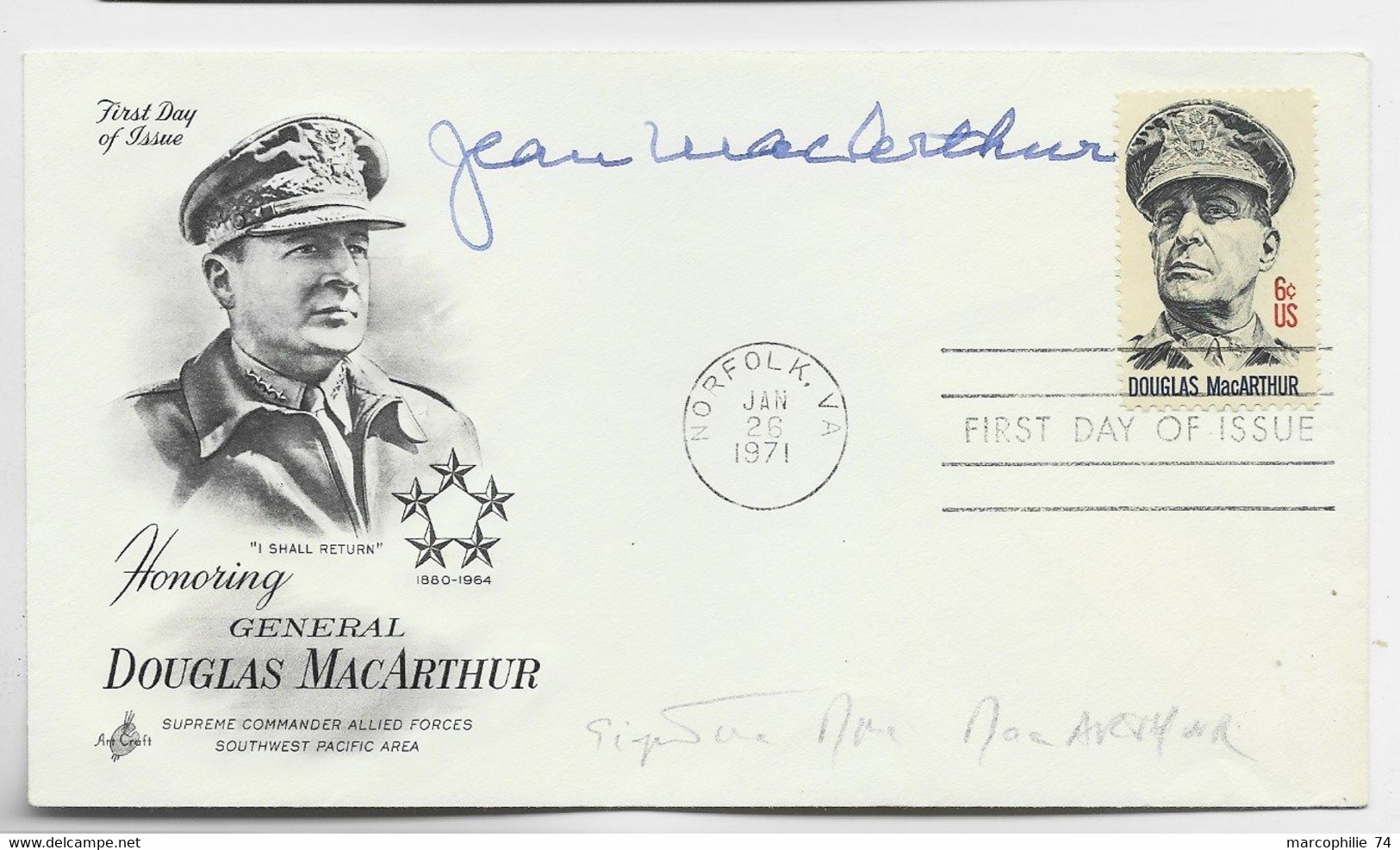 ETATS UNIS USA FDC LETTRE COVER DOUGLAS GENERAL MAC ARTHUR NORFOLK JAN 1971 SIGNATURE MISS MAC ARTHUR - 1971-1980