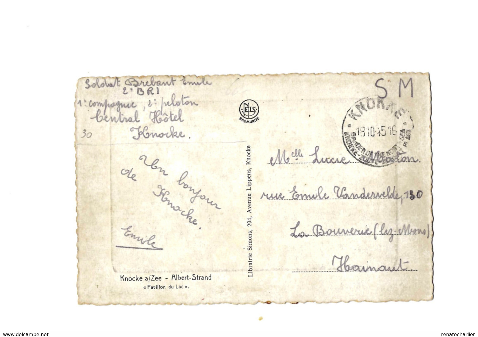 Oblitération "Knokke" Sur Carte Postale Adressée En Franchise Militaire à La Bouverie. - Zonder Portkosten