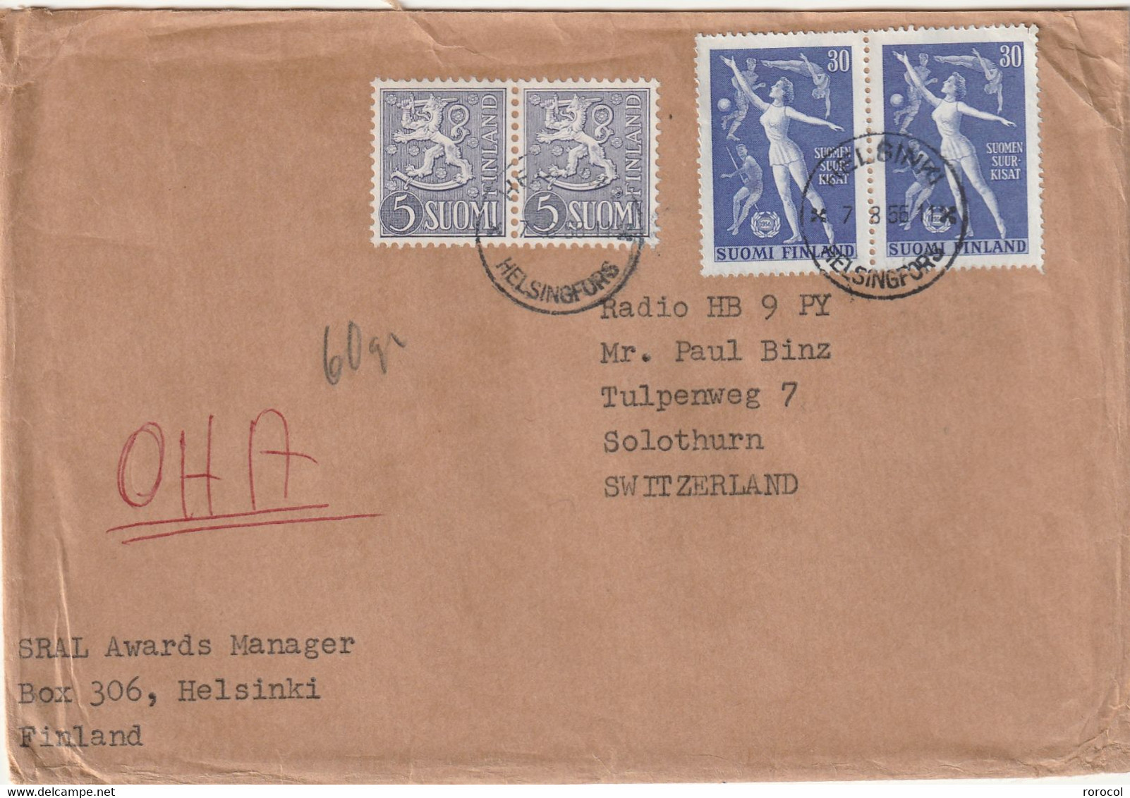 FINLANDE Lettre 1955 HELSINKI Pour La Suisse - Cartas & Documentos