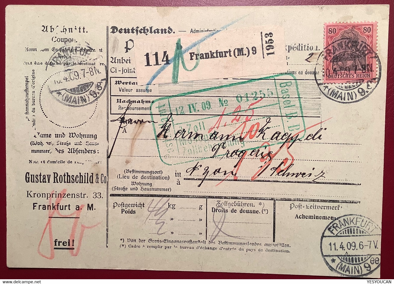 FRANKFURT MAIN1909 Germania Mi 93 I GUSTAV ROTHSCHILD Paketkarte>Nyon Schweiz (colis Postal Brief Deutsches Reich Lettre - Storia Postale