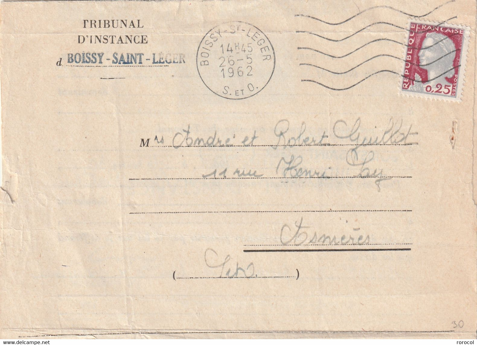 LETTRE 1962 BOISSY SAINT LEGER Tribunal D'Instance Avertissement En Conciliation Timbre Fiscal à L'intérieur - 1960 Marianne (Decaris)