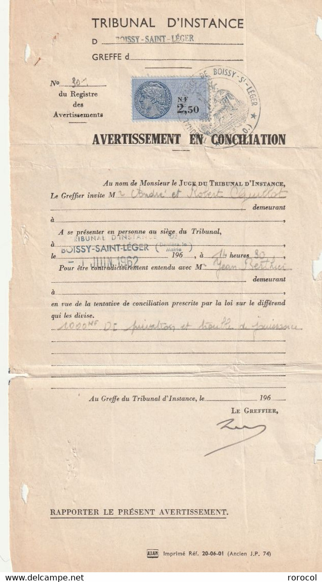 LETTRE 1962 BOISSY SAINT LEGER Tribunal D'Instance Avertissement En Conciliation Timbre Fiscal à L'intérieur - 1960 Marianne Van Decaris