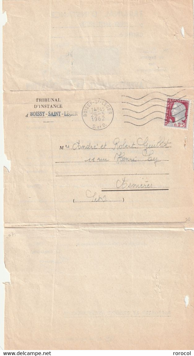 LETTRE 1962 BOISSY SAINT LEGER Tribunal D'Instance Avertissement En Conciliation Timbre Fiscal à L'intérieur - 1960 Marianne De Decaris