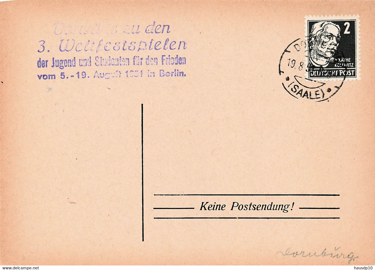 DDR Beleg Propaganda - Werbestempel, Vorwärts Zu Den III. Weltfestspielen Berlin, Dornburg Saale 1951 - Covers & Documents