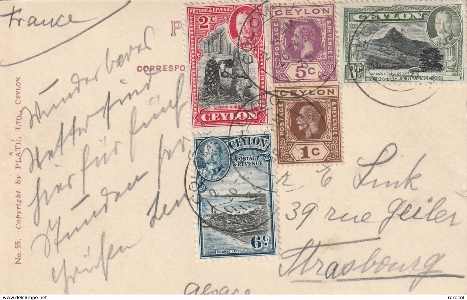 CEYLON CARTE POSTALE 1936 COLOMBO Pour Strasbourg France - Ceylon (...-1947)