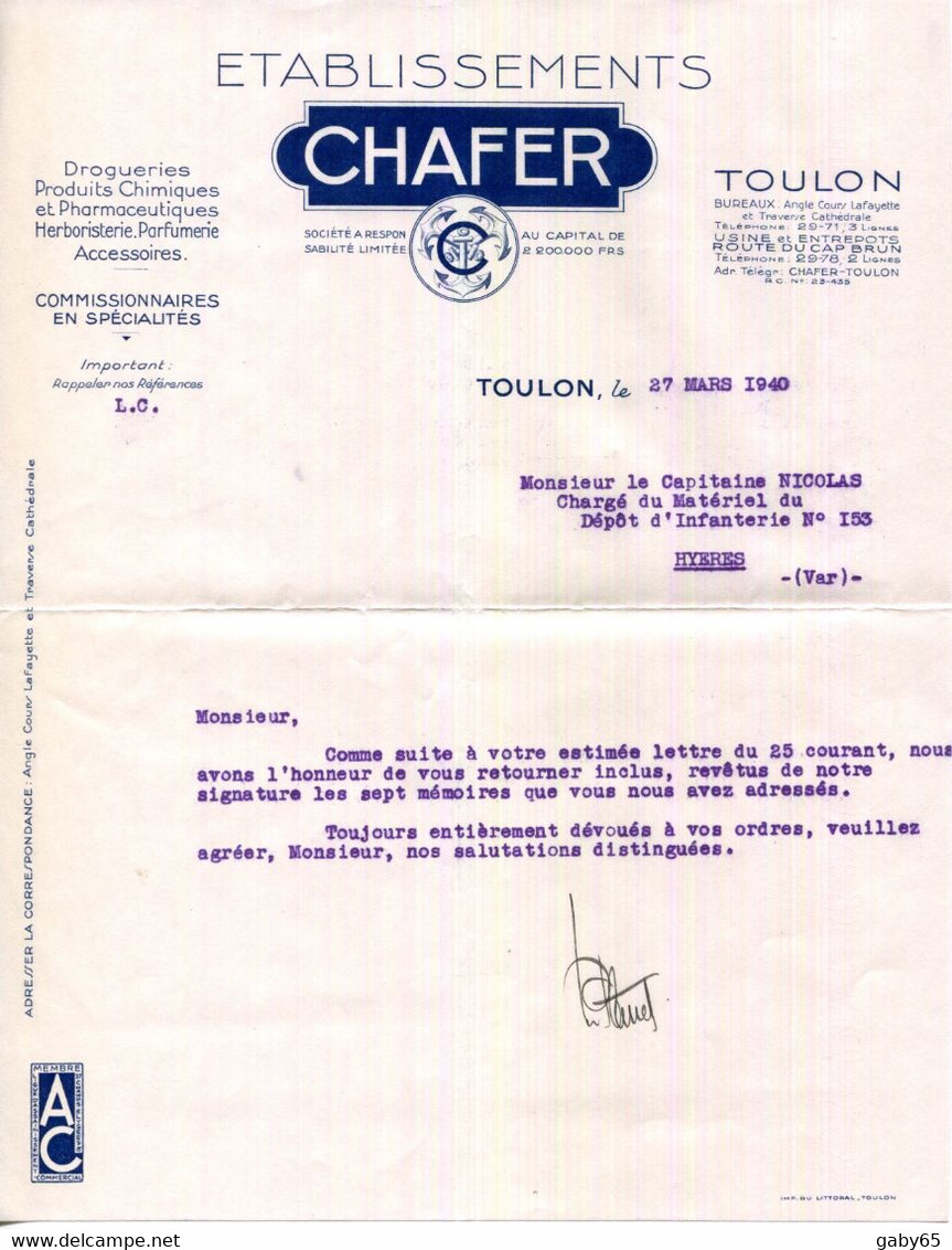 FACTURE.83.TOULON.DROGUERIE.HERBORISTERIE.PARFUMERIE.Ets.CHAFER COURS LAFAYETTE & ROUTE DU CAP BRUN. - Drogerie & Parfümerie