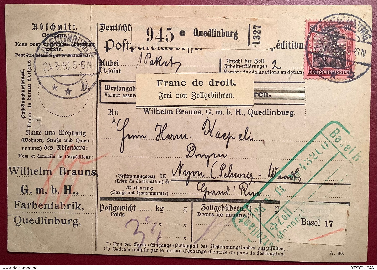 PERFIN W.B Farbenfabrik Wilhelm Brauns Quedlinburg Germania 1913Paketkarte>Droguerie Nyon (chemie Chemical  Peinture - Cartas & Documentos