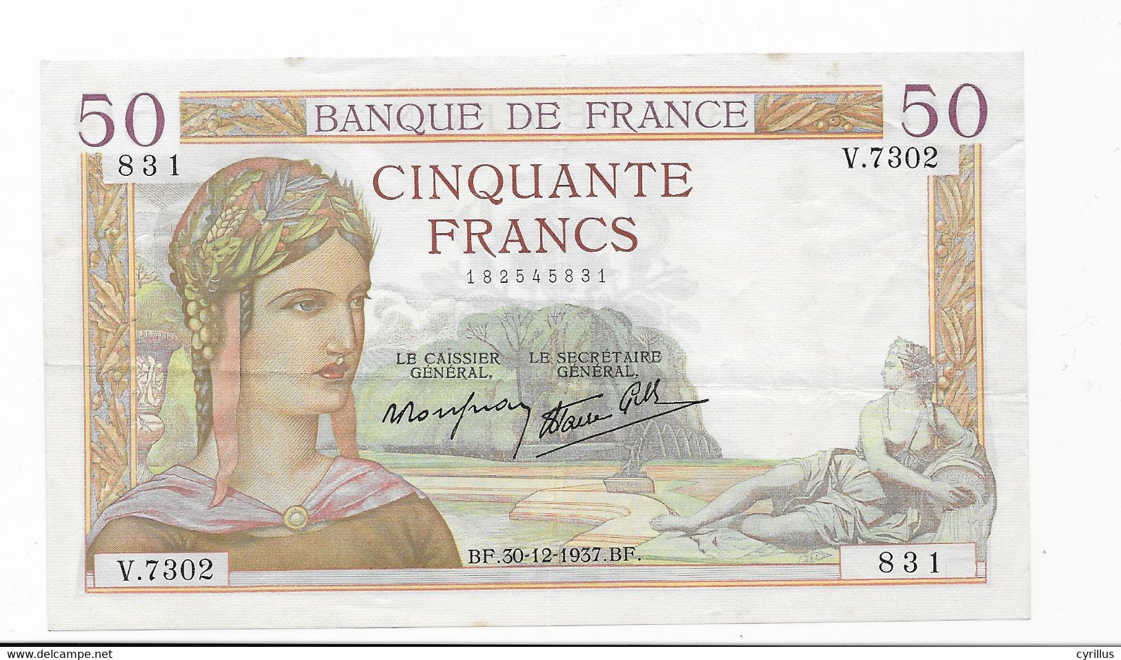 Billet France 50 Francs Cérès - BF..30.12.1937.BF. Série V.7302 - 50 F 1934-1940 ''Cérès''