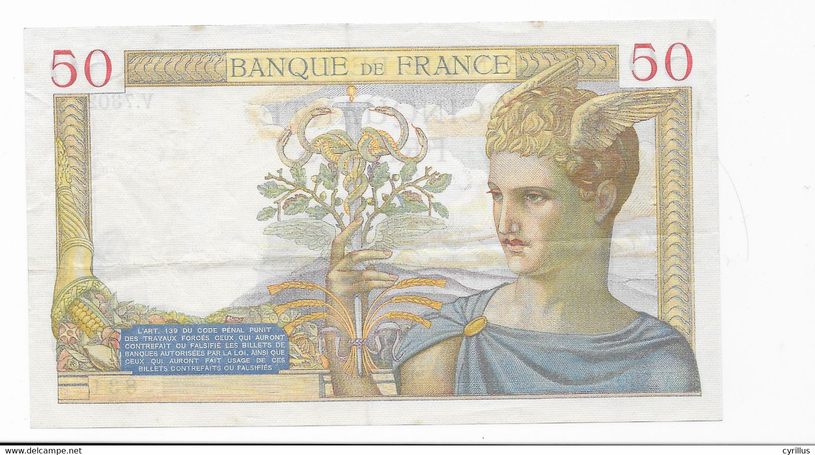 Billet France 50 Francs Cérès - BF..30.12.1937.BF. Série V.7302 - 50 F 1934-1940 ''Cérès''