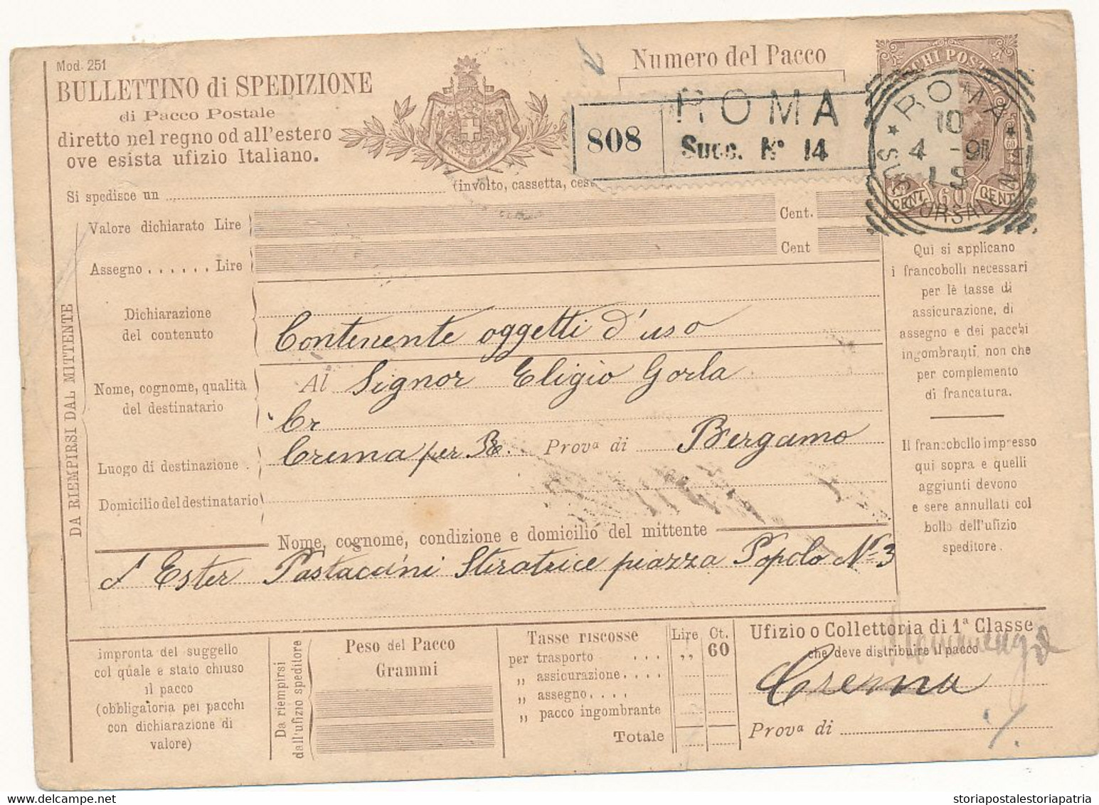1891 UMBERTO BOLLETTINO PACCHI CENT 0,60 ROMA X CREMA TRANSITO ROMANENGO - Postal Parcels