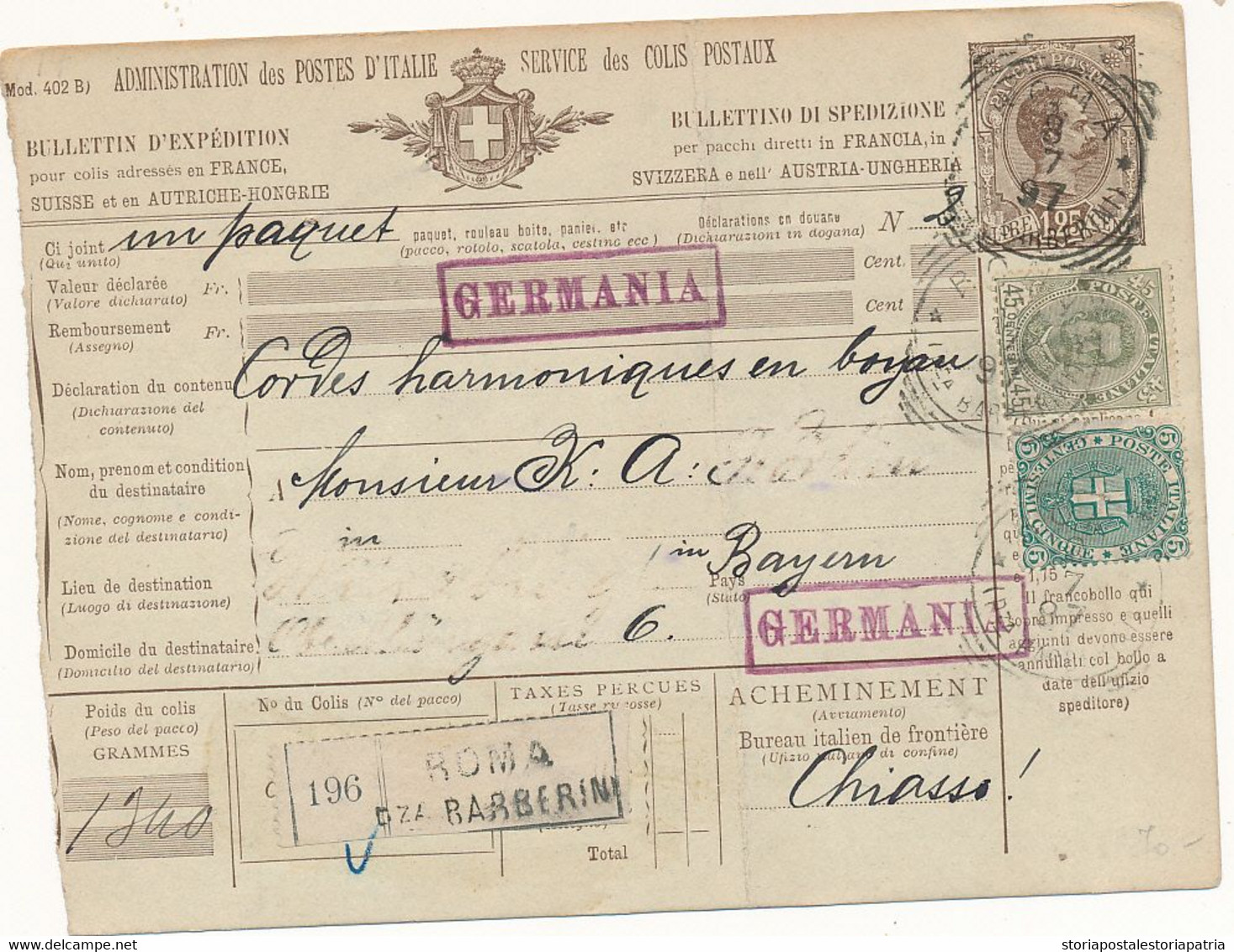 1897 UMBERTO BOLLETTINO PACCHI  1,25 LIRE INTEGRATO 0,45+0,05 ROMA X GERMANIA - Postal Parcels