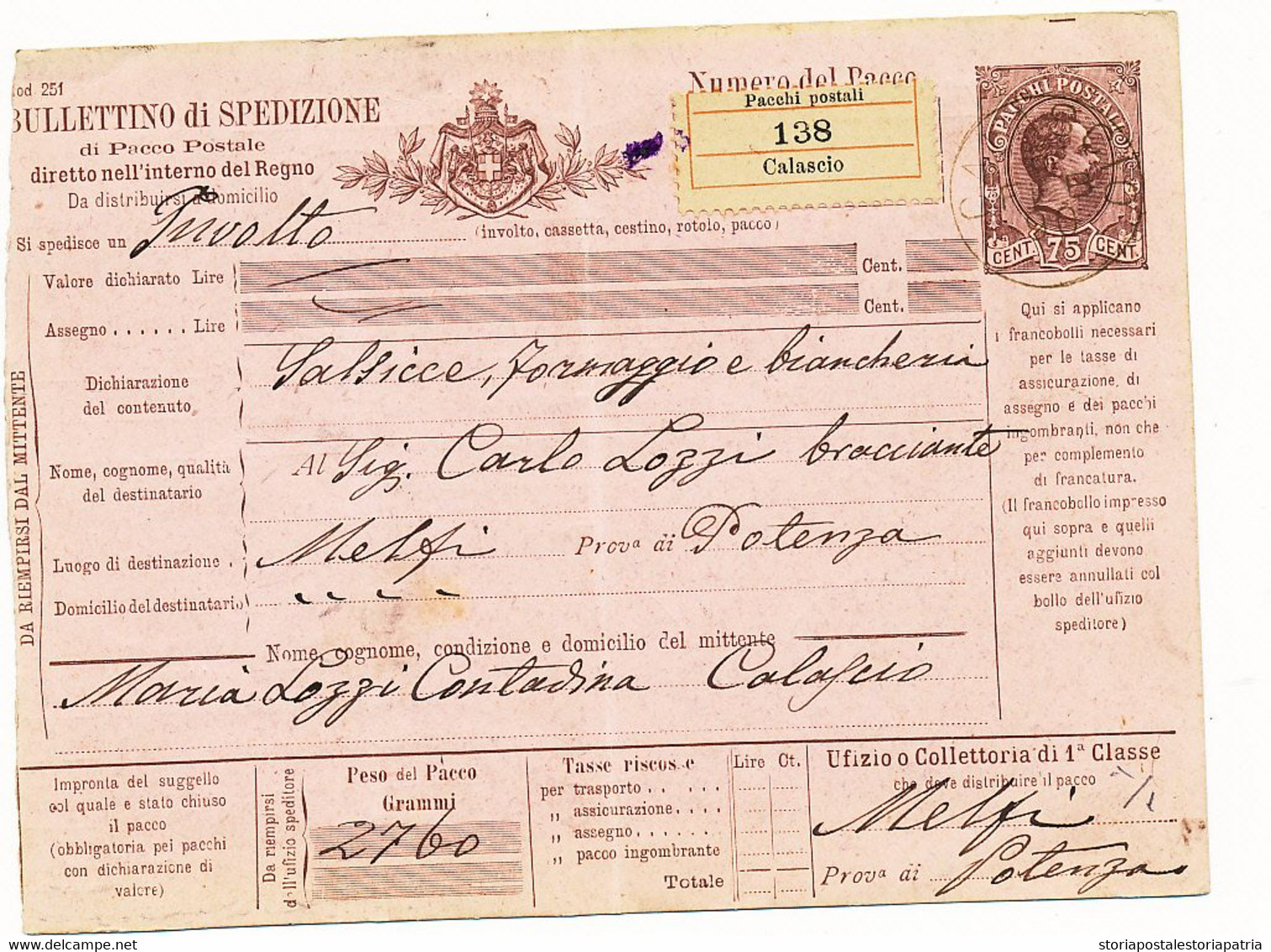 1890 UMBERTO BOLLETTINO PACCHI 0,75 DA CALASCIO A MELFI +BEL GIRO POSTALE - Pacchi Postali