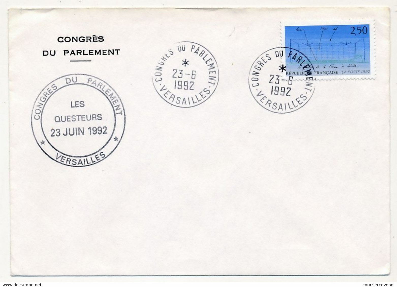 FRANCE - Env. En-tête, Affr 2,50 Pavillon Séville,  Cad "Congrès Du Parlement Versailles" 23/6/1992 + Questeurs - Matasellos Conmemorativos