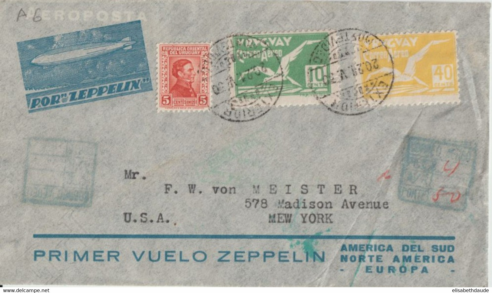 1930 - URUGUAY - ENVELOPPE Par ZEPPELIN  De MONTEVIDEO => NEW YORK (USA) - 1° VOL ZEPPELIN ! - Uruguay