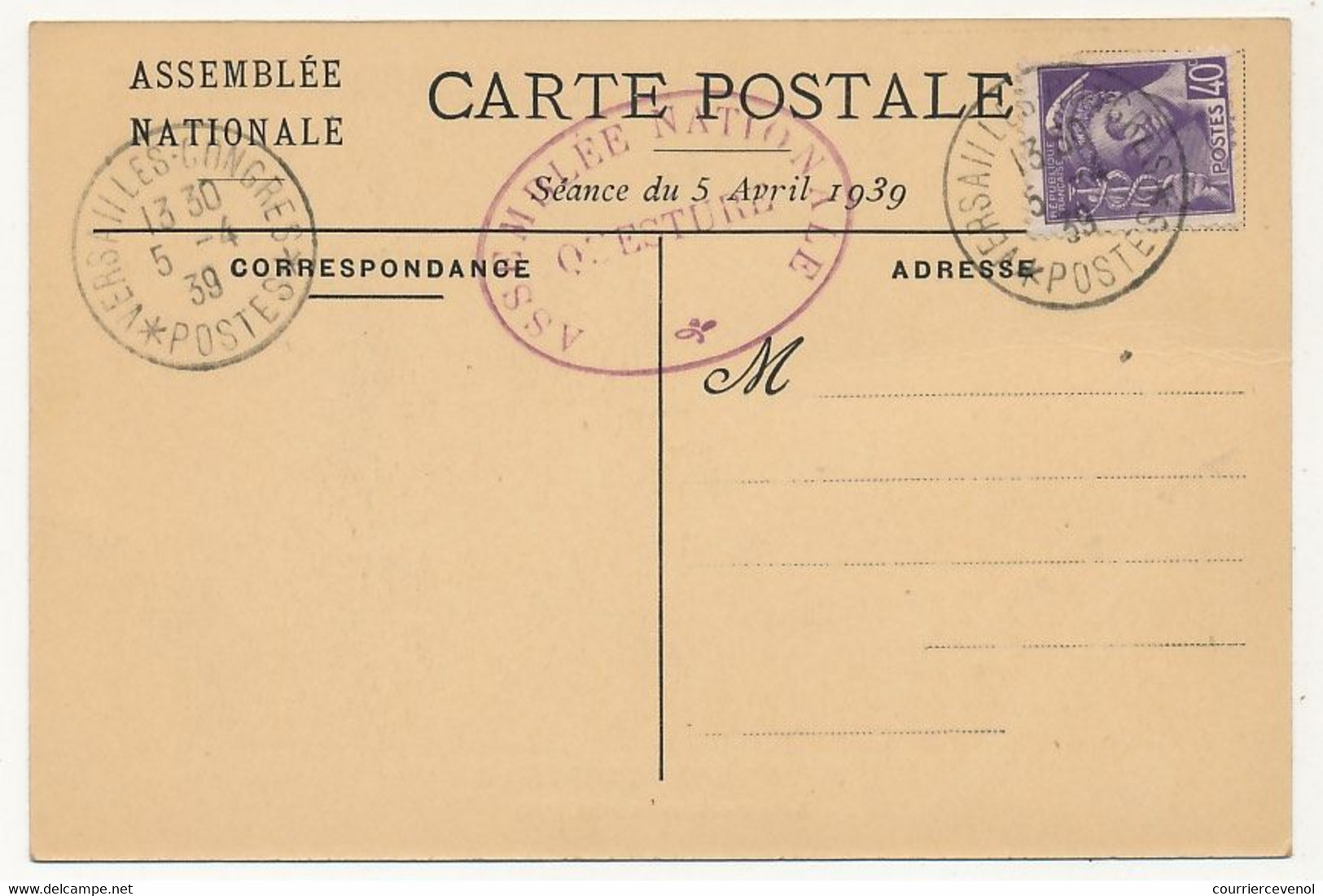 FRANCE - CPA Affr 40c Mercure CAD "Versailles Congrès *Postes* " 5/4/1939 + Questure / Salle Des Séances - Cachets Commémoratifs