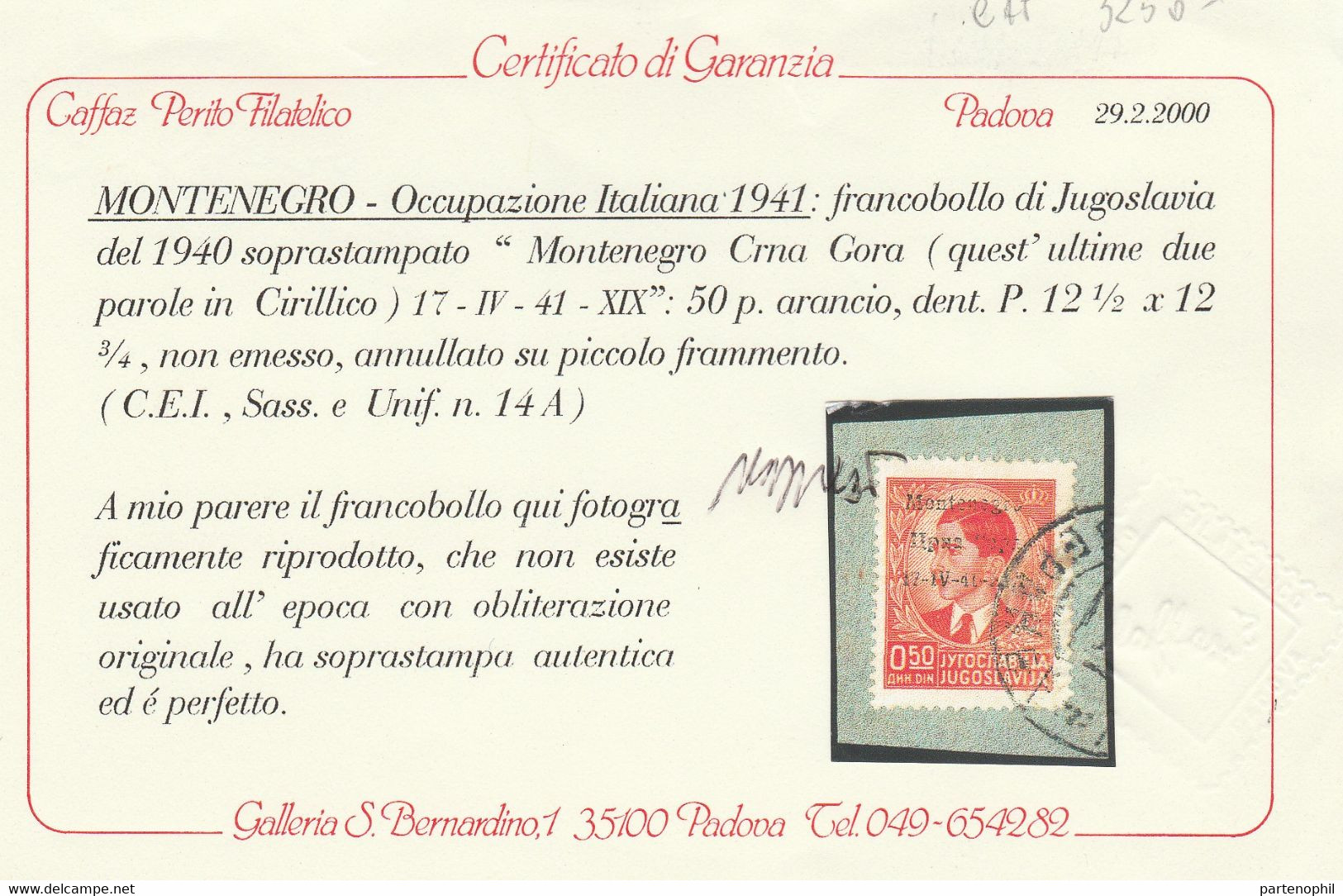 282 Montenegro  1941 - Re Pietro 50 C. Arancio Su Frammento N. 14/A. Caffaz. Cat. € 3500,00. SPL - Montenegro