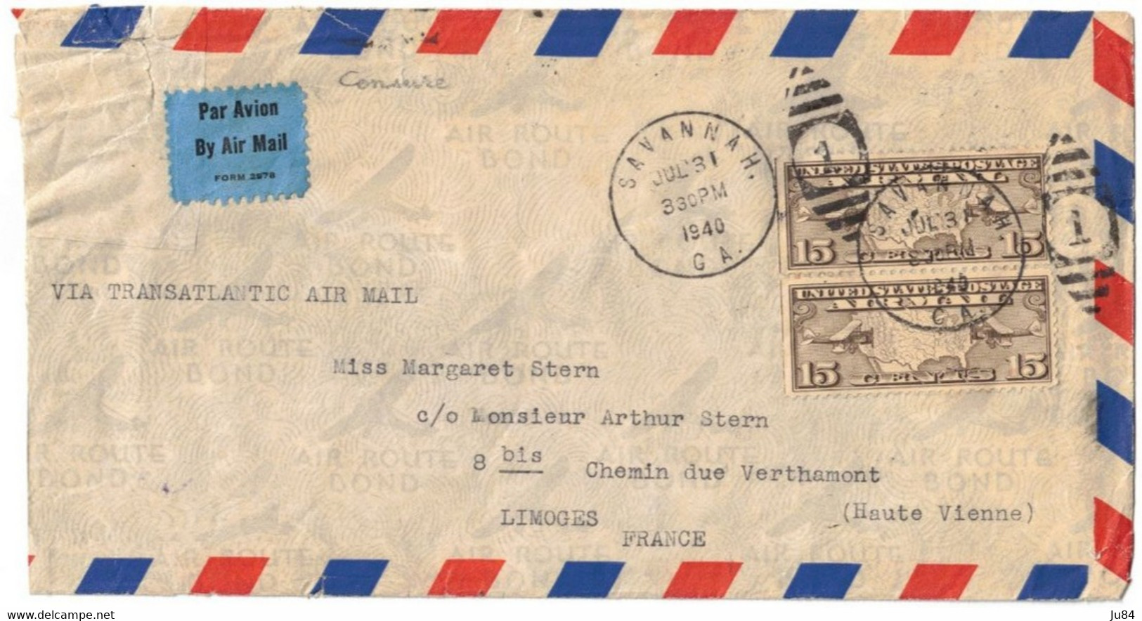 États-Unis - USA - Gerogie - Savannah - Lettre Avion Pour Limoges (France) - Censure Militaire Allemande - 1940 - Cartas & Documentos